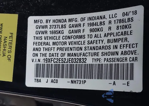 2018 Honda Civic Lx z USA, uszkodzony, nr VIN 19XFC2E52JE032832